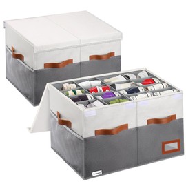 Supowin Shoe Organizer for Closet, 2 Pack Foldable Shoe Storage Bins with Lid & Adjustable Dividers, Fabric Shoe Box Storage Containers with Four Reinforced Handles, Fits 16-32 Pairs, Grey