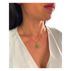 Vintage Medaillon Halskette mit Türkis, 18K Vergoldet Edelstahl, Verstellbare Kette, Wasserfest