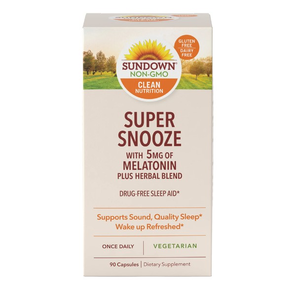 Sundown Super Snooze Melatonin 5mg Plus Herbal Blend, Supports Sound, Quality Sleep, 90 Capsules