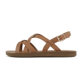 Soda WATCH ~ Women Casual Open Toe Gladiator Crisscross with Sling Back Buckle Fashion Slide Flat Sandal (A-cognac Pu, 7.5)
