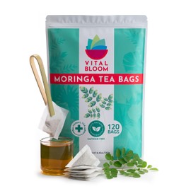 Vital Bloom 120 Tea Bags Moringa Tea, 100% Natural Moringa Leaves Herbal Tea, Supporting Digestion & Immune System - Bleach Free Tea Bags, Non-GMO (Free Bamboo Tongs Included)