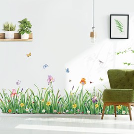 decalmile Green Grass Flower Wall Corner Decals Floral Butterfly Baseboard Skirting Line Wall Stickers Bedroom Living Room Wall Art Decor (Width:162CM)