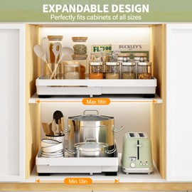 DOMNIU 2 Pack Pull Out Cabinet Organizers Expandable (13''-19''), Slide Out Drawers for Kitchen, Bathroom, Pantry, Under Sink Storage, Pull Out Drawers Fixed with Adhesive Nano Film (White)