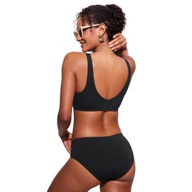 CRZ YOGA Womens V Neck Bikini Tops Bathing Suit V Back Wide Straps Swim Bra Padded Swimsuit Black Medium