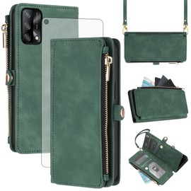 Asuwish Handyhülle für Oppo A94 5G/A95 5G/Reno 5Z/F19 Pro+ Plus Hülle mit Band und Folie Schutzfolie RFID Kartenfach Klappbar Leder Blumen Geldbörse Ständer A 94 95 CPH2211 Wallet Hüllen Case Grün