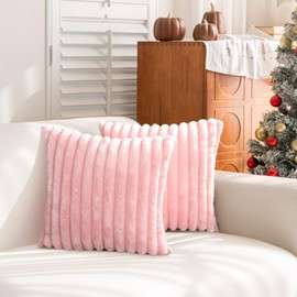 Uhomy Set of 2 Faux Fur Home Decorative Throw Pillow Cover Luxury Super Soft Fuzzy Striped Furry Pillowcase for Sofa Couch Bedroom Comfy Thick Fluffy Plush Cushion Cover 22x22 Inch Light Pink 55x55 cm
