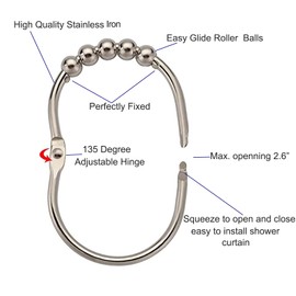 TopAAA Wide Shower Curtain Rings/Hooks Set, Easy Glide Rollers, 100% Rustproof Stainless Steel Shower Rings for Curtain Shower Rod Bathroom, Set of 12 (Oval Shape - Brushed Nickel)