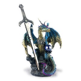 Ain’t It Nice Dragon Statue with Medieval Dragon Sword and Crystal Ball Collectible Dragon Figurine Fantasy Medieval Dragon Décor, Blue & Gold Colored 4(L) 2(W) 7(H) inches
