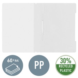 Leitz A4 Standard Plastic File, 30 Percent Pre-consumer Recycled Plastic, Flatfile for A4 Sheets, 60 Sheet Capacity, White, 41910001