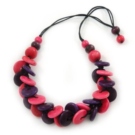 Avalaya Wood Button Cluster Cotton Cord Necklace in Bright Pink/Violet/ 70cm L