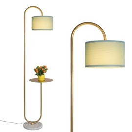 Hsyile KU300272 Arc Floor Lamp with Hanging Drum Shade for Living Room-Marble Base Modern Tall Stand Up Light with Table, Contemporary Over The Couch Gold Lamp Standing Lamps for Bedroom Office