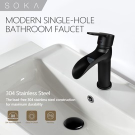 SOKA Matte Black Bathroom Faucet Waterfall Bathroom Sink Faucets Single Handle Single Hole Lavatory Washbasin Faucet with Pop Up Drain, Modern Vanity Sink Faucet