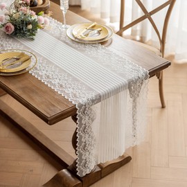 HEAVYWOOD White Lace Table Runner Embroidery Floral Lace Fabric Tablecloth Vintage Wedding Tea Party Table Cover Decor (Stripe, 48'')