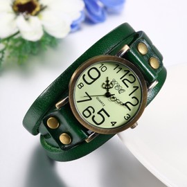 JewelryWe Vintage Leather Bracelet Watch Men Women Wristwatch Ladies Dress Quartz Watches (Green)