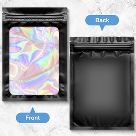 PARTY BESTBUY 100PCS Black Holographic Mylar Resealable Packaging Bags for Small Business, Smell Proof With Front Clear Window, Foil Pouch for Food, Candy, Jewelry, Goodie (7x10cm)