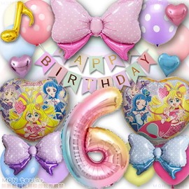 MON teriar キミとアイドルプリキュア 誕生日 推し色 ピンク プリキュア キミプリ 風船 飾り付けセット バルーン リボン ハート ガーランド バースデー デコレーション 女の子 かわいい 可愛い ハート キュアアイドル キュアウインク キュアキュンキュン 紫 数字 年齢 音符 precure 幼稚園 保育園 小学生 ８歳 7歳 6歳 5歳 4歳 3歳 2歳 (推し色ピンク, 数字⑥)