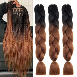 Braiding Hair Ombre Black to Brown Braid Hair Extensions Hot Water Setting High Temperature Synthetic Fiber 24 Inches(B29-3Pack)
