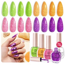 AZUREBEAUTY Nail Polish Set, 4 Colors Reflective Glitter Spring Pink Yellow Green Purple Quick Dry Vegan Natural Fingernail Lacquer Strengthening Kit with Top Coat DIY Salon at Home