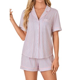 LYANER Women's Pajama Sets Striped Button Down Pj Set Sleepwear Shirt and Shorts Two Piece Lounge Sets Pink Medium