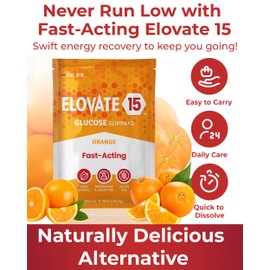 Elovate 15 Fast-Acting Glucose Packets - Quick Dissolving, Gluten-Free 15g of Glucose Powder for Sugar & Energy Dips - Oral Dextrose Powder for Kids & Adults, 50 Slimpaks, Orange