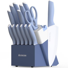 Astercook Kitchen Knife Set with Block and Sharpener 15 Piece Ceramic Coating German High Carbon Stainless Steel Knives Sharp Blade Dishwasher Safe Knife Block Set with Ergonomic Handle, Delicate Blue