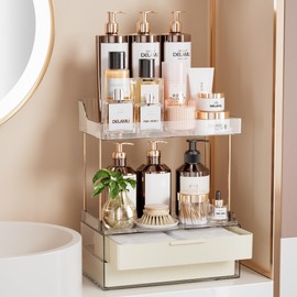 Delamu Organizador de Maquillaje 2 Niveles y 2 Cajones, Blanco Crema | Organizador de Baño para Encimera, Fácil de Instalar, Ideal para Mostrador de B