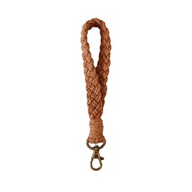 Fuqimanman2020 Handmade Boho Macrame Keychain Soft Pom Pom Wristlet Keychain Bracelet Keyring Holder Wrist Lanyard With Faux Fur Ball for Women(Brown)