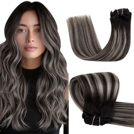 Vivien Clip in Hair Extensions Real Human Hair Clip in Extensions Ombre Off Black Fading to Silver Grey Balayage Hair Extensions Clip in Human Hair Silky Straight 20 Inch 5Pcs 70g