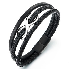 COOLSTEELANDBEYOND Infinity Love Infinity Number 8 Interwoven Three Strands Black Braided Leather Bracelet for Men Women, Black leather, No gemstone