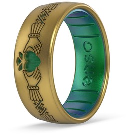 Enso Rings Etched Celtic Collection Silicone Ring - Comfortable and Flexible Design - 7.99mm Wide, 2.18mm Thick - Claddagh - Antique Gold/Dragon - Size 9
