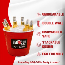 Reusable Red Party Bucket & Ice Bucket, Large Plastic Beverage & Beverage Tub, Glass Pitcher, Drink Bin, Cooler for Parties, Bar Table Accessory, Kitchen Beverage Holder, Durable & Unbreakable