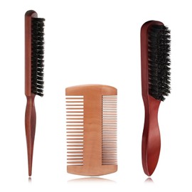 3-Piece Slick Back Hair Brush, Grooming Kit with Wooden Beard Brush and Dual-Sided Comb, Smoothing Hair Brush for Styling and Scalp Massage, Suitable for Thick, Curly, Dry Hair and Beard Care