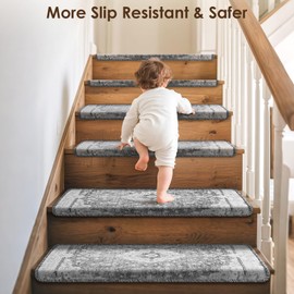 Brakki Bullnose Stair Treads for Wooden Steps, Non Slip Stair Carpet for Indoor Runner and Pets, Soft Edging Staircase Protectors Reusable, Washable, 29.5"x9.5"x1.5" 14pcs, Grey
