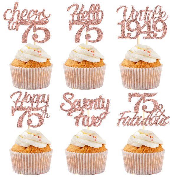 Sotpot - Decoraciones para cupcakes de 75 cumpleaños, 30 piezas de oro rosa con purpurina fabulosa/salud/Hello 75 púas para cupcakes para fiesta de cumpleaños (6 estilos)