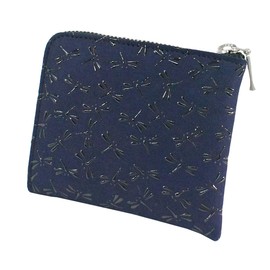 Indenya 1008-04-008 Inden Coin Purse, F Coin Pocket 08, Deer Leather, Navy Blue Base x Black Lacquer, Dragonfly Pattern, Navy, Black