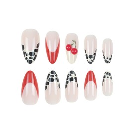 French Tip Press on Nails Medium Almond Leopard Print Fake Nails with Glue Cherry Rhinestones Acrylic Nails Full Cover Nude Glossy False Nails for Women DIY Manicure Decoration 24PCS