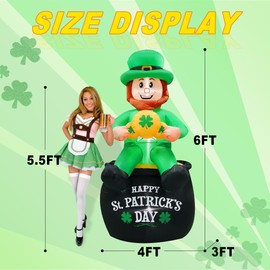 Favehome 6FT Tall St. Patricks Day Inflatables Leprechaun Holding Lucky Shamrock Sitting on The Pot of Gold Built-in LED Lights for St. Patricks Day Decorations Outdoor