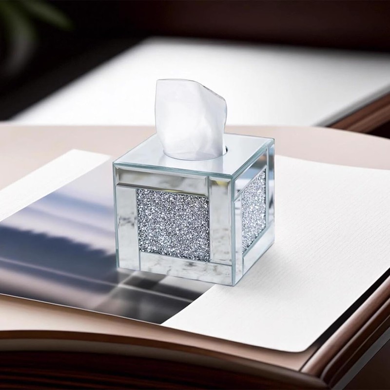 Mirrored Tissue Box Cover Holder, Square Glass Facial Tissue Holder
