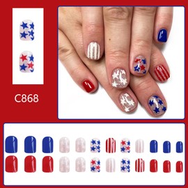 Independence Day Star Press on Nails Red Blue Fake Nails 4th of July Acrylic Nail Glossy Short Square Glue on Nail for Women