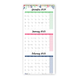Blueline® 2025 Colorful Three-Month Wall Calendar, 14 Months, December 2024 to January 2026, Gold Twin-Wire Binding, 12.25" x 27", Leaves Design (C171129-25)