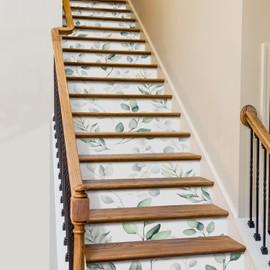 funlife 15Pcs Peel and Stick Plants Stair Stickers, Self Adhesive Vinyl Stair Risers Decals, Staircase Murals Decor, 39.37"x7.09" Watercolor Eucalyptus