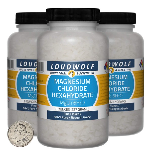 Magnesium Chloride Hexahydrate / 1.5 Pounds / 3 Bottles / 98+% Pure Reagent Grade/Fine Flakes/USA