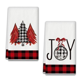 Red Black Buffalo Plaid Snowman Christmas Trees Tea Towels Christmas Kitchen Towels Tea Towels Cotton 18 x 26 Inch Seasonal Drying Towel - Durable, Absorbent, Set of 2 (B)
