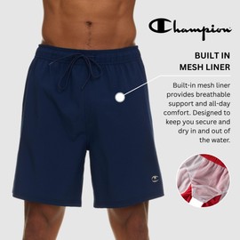 Champion Mens Swim Trunks with Mesh Liner, 7" Inseam Quick Drying Mens Bathing Suit, Board Shorts for Swimming and Beach Navy