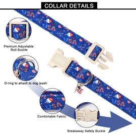 Lionet Paws 4th of July Dog Collar- Cute Summer Blue Dog Collars with Plastic Buckle and Flag Pendant, Light Adjustable Dog Collars for Small Medium Dogs