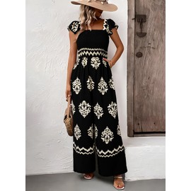 Happy Sailed Black Jumpsuit for Women Dressy Casual Spring Summer Square Neck Short Sleeve Graphic Printed Boho Jumpsuits Baggy Overalls Wide Leg Long Pants Rompers Beach Vacation Outfits 2025 Medium