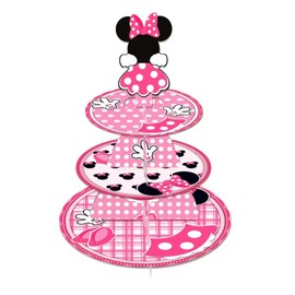 Minnie-Themed Party Supplies and Decorations, a Three-Tiered Cupcake Stand, a Display Stand for Birthday Desserts and Cakes, which is Suitable for Cute-Style Birthday Decorations. (Pink Minnie)