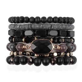 RIAH FASHION Bohemian Beaded Multi Layer Versatile Statement Bracelets - Natural Stone Wood Rondelle Bead Mix Stretch Bangles (Black)