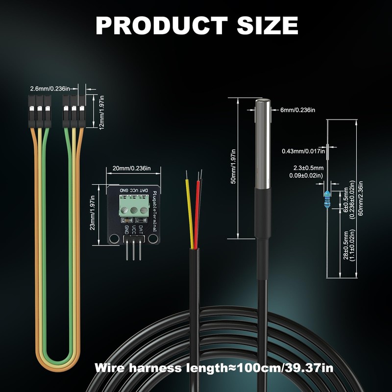 DROK Waterproof High Precision DS18B20 Temperature Sensor Probe 2-Piece Set