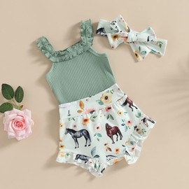 Toddler Baby Girl Summer Clothes Little Girl Ruffle Sleeveless Ribbed Romper Newborn Floral Print Shorts Outfit Set (Green Horse Floral, 12-18 Months)